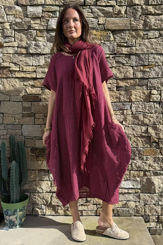 Salcombe Chalk Stripe Cotton Cocoon Dress Merlot